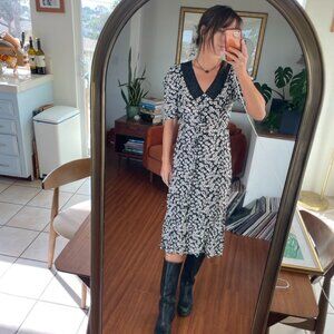 BNWT I. Madeline Floral Midi Dress with Mesh Collar Detailing and Tie Waist